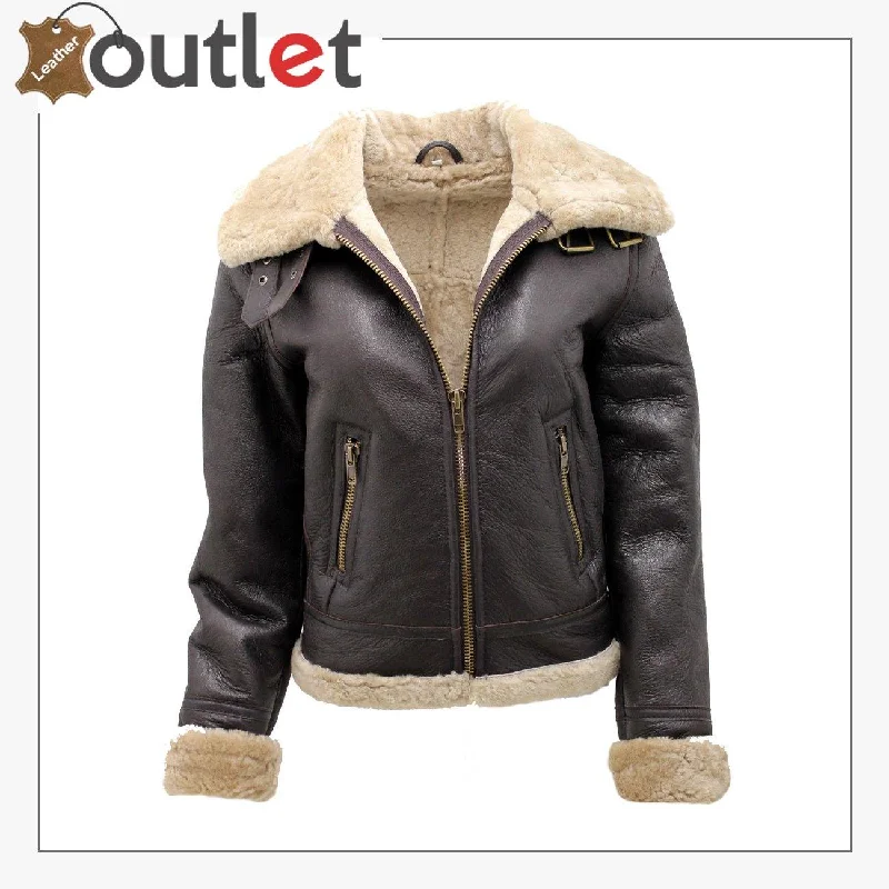 Women's Brown B3 WW2 Ginger Real Thick Sheepskin Leather Flying Jacket Bomber Jacket Anorak Windbreaker