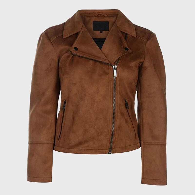 Women's Brown Suede Leather Biker Jacket Cardigan Sweater Pullover