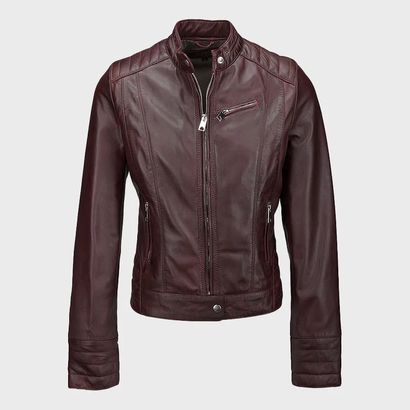 Women's Essen Burgundy Biker Leather Jacket Front Pockets Side Pockets Patch Pockets