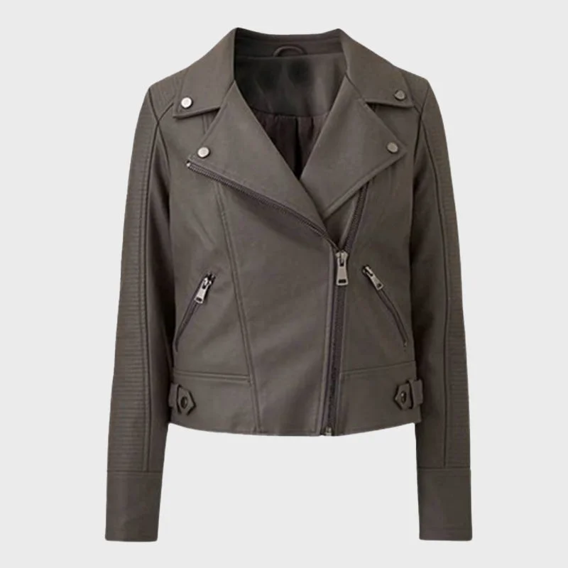Women's Mid Grey Curve Biker Leather Jacket Chenille Jacket Brocade Jacket Lace Jacket