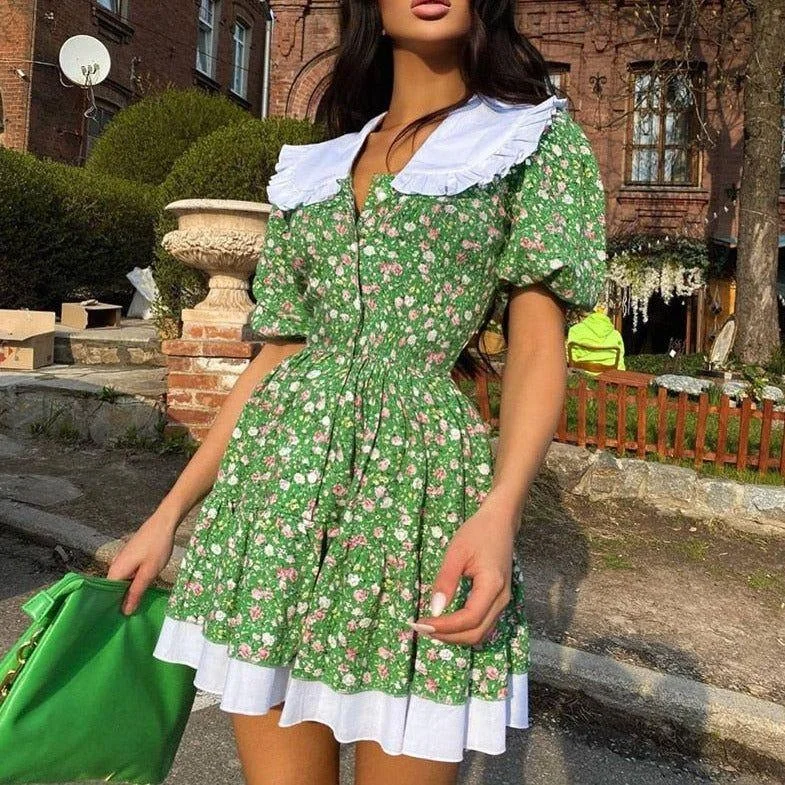 French Macaron Floral Print Summer Mini Dress Cozy Wraparound Mini Dress