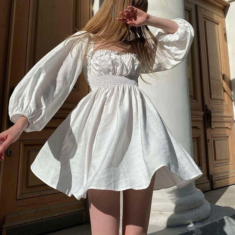 Misty Puff Sleeve Summer Mini Dress Fashionable Mini Dress with Pockets