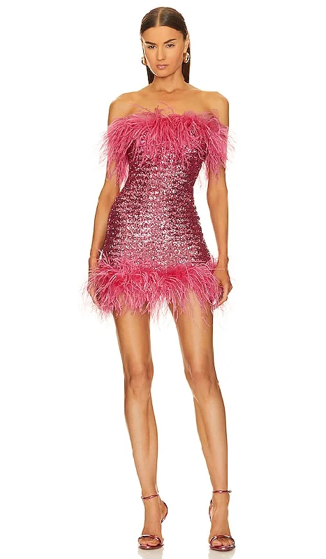 Oseree Paillettes Plumage Mini Dress in Fuchsia Stylish Puff Sleeve Mini Dress