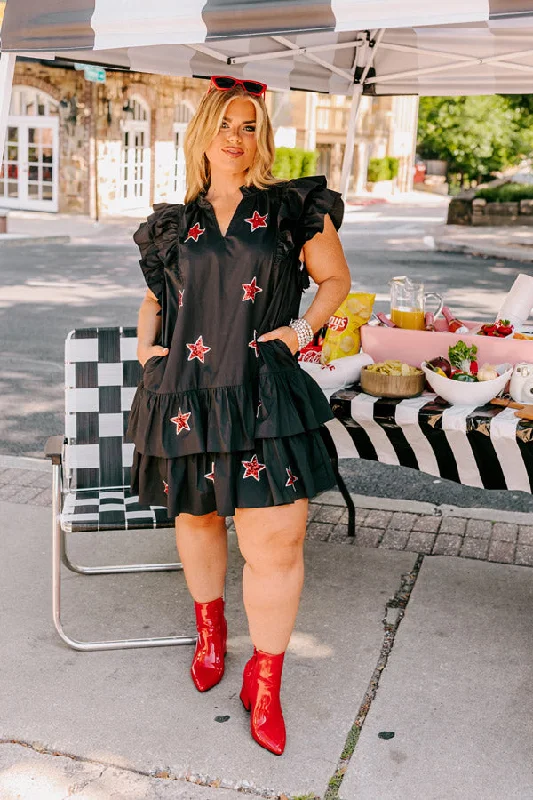Under The Stadium Lights Ruffle Mini Dress in Black Curves Stylish Plaid Mini Dress
