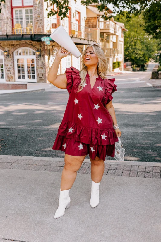 Under The Stadium Lights Ruffle Mini Dress in Maroon Curves Trendy Off-Shoulder Dress Mini