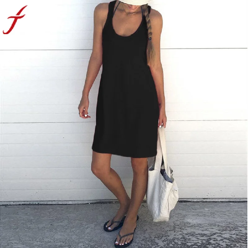 2017 Summer Dress Sexy Women Ladies Sleeveless Loose Sundress Holiday Beach Soft Cotton Tank Mini Dress Stylish Short-Sleeve Mini Dress