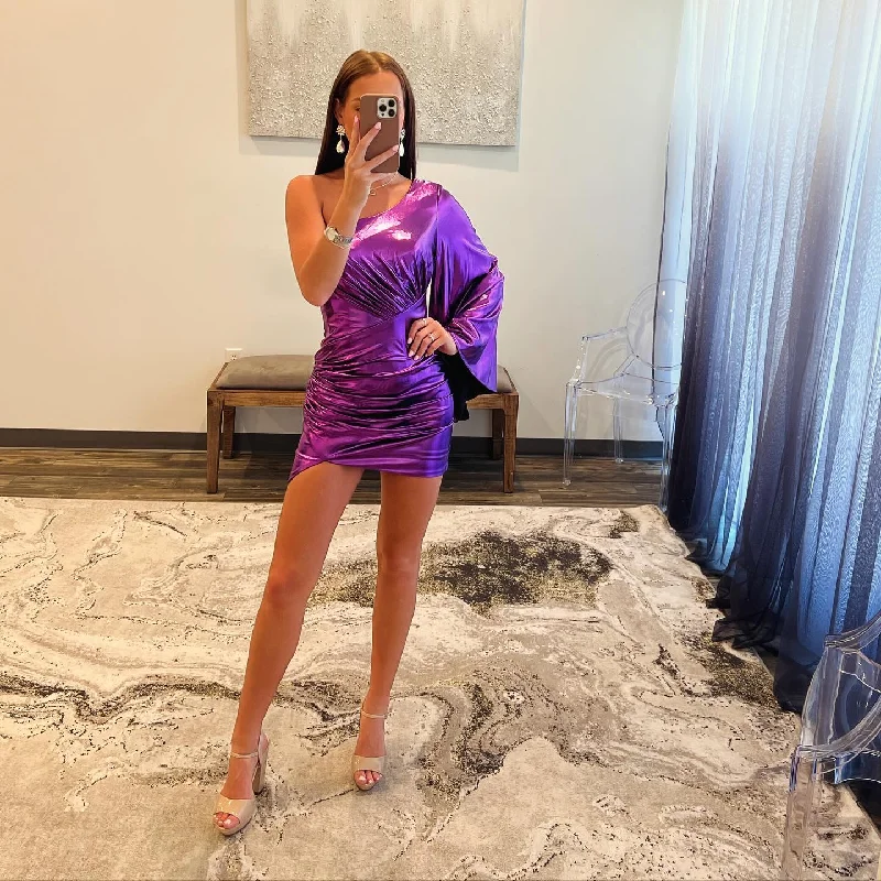 Metallic Purple One Shoulder Mini Dress with Puff Sleeve Elegant Satin Lace Mini Dress