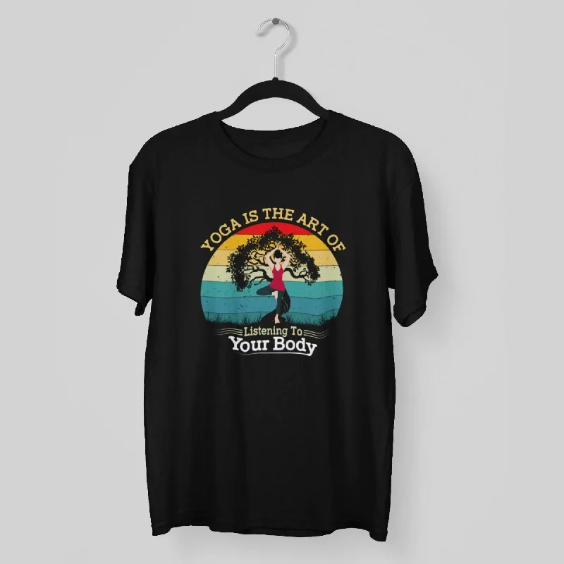Yoga is the Art Of Listening to Your Body Round Neck Half Sleeve Classic T-Shirt Striped Floral Plaid Yoga is the Art Of Listening to Your Body Round Neck Half Sleeve Classic T-Shirt Striped Floral Plaid