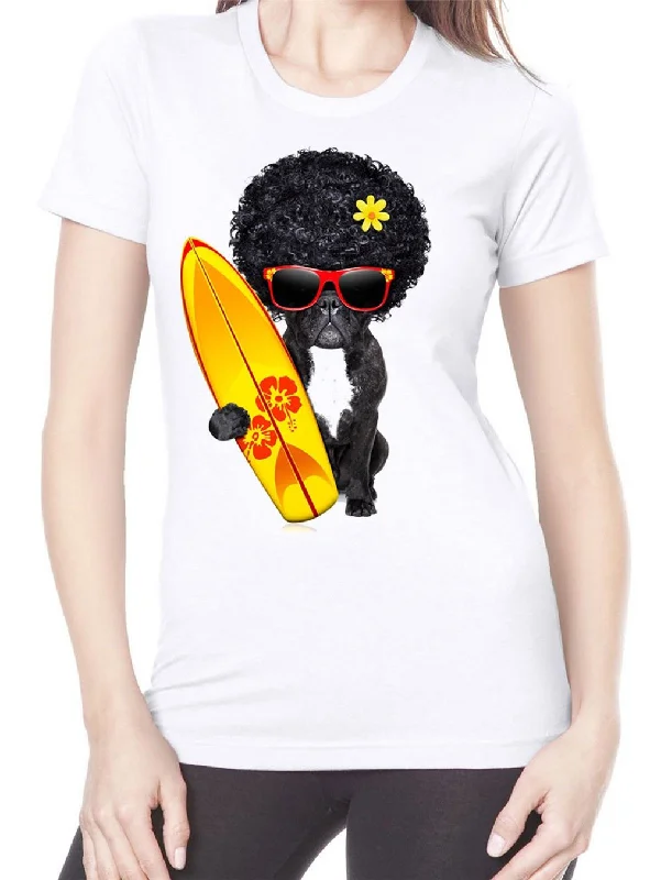 French Bulldog Surfer With Afro Hair Women's T Shirt Men Women Funny Pet Bull Dog Gyms Fitness Tops Tee Shirt Anti-Shrink Durable Soft