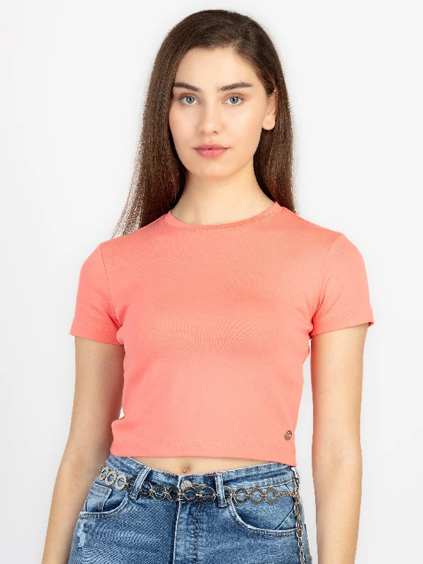 Womens Solid Round Neck Crop T-Shirt Seamless Knitted Crochet