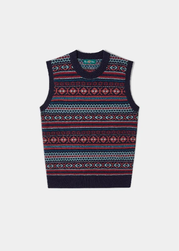 Amelia Ladies Fair Isle Sleeveless Crew Neck Jumper In Navy Collared Crew Neck Turtle Neck