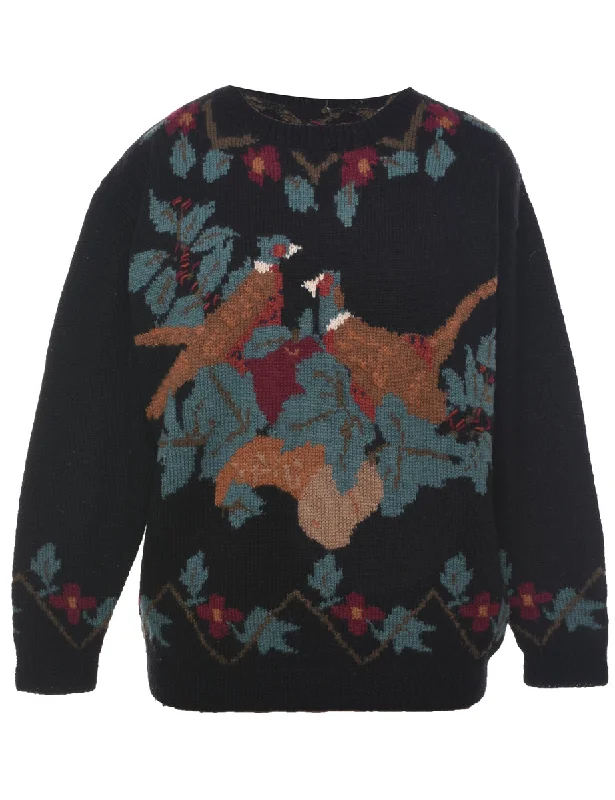 Floral Knit Jumper - M Turtle Neck Boat Neck Asymmetrical Neck
