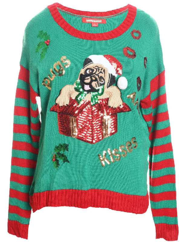 Green & Red Pug Design Christmas Jumper - L Cashmere Blend Cotton Blend Poly Blend