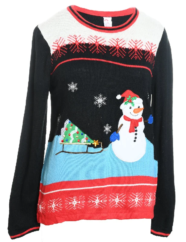 Snowman Design Black Knit Christmas Jumper - L Wool Sweater Cotton Sweater Cashmere Sweater