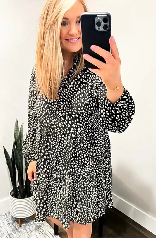 Black Dotted Animal Print Ruffle Dress