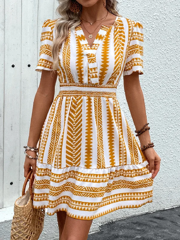 Blue Zone Planet | Geometric Notched Short Sleeve Mini Dress Comfortable Polka Dot Mini Dress Blue Zone Planet | Geometric Notched Short Sleeve Mini Dress Comfortable Polka Dot Mini Dress