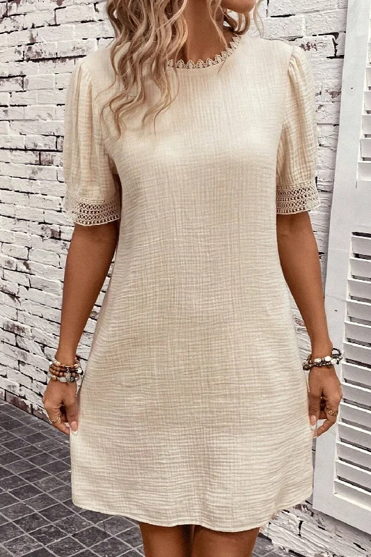 Blue Zone Planet | Lace Detail Round Neck Short Sleeve Mini Dress Stylish Puff Sleeve Mini Dress Blue Zone Planet | Lace Detail Round Neck Short Sleeve Mini Dress Stylish Puff Sleeve Mini Dress