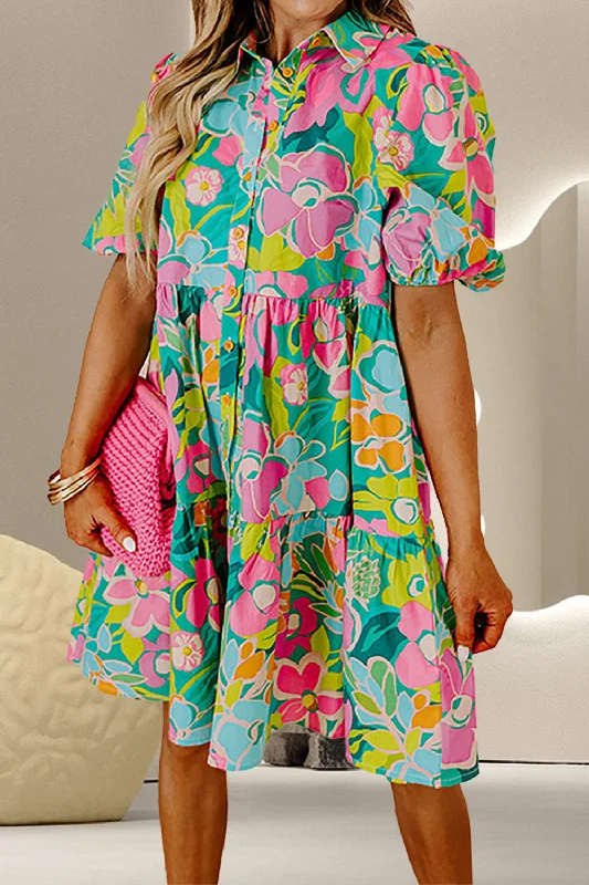 Blue Zone Planet | Printed Collared Neck Puff Sleeve Mini Dress Comfortable Linen Mini Dress Blue Zone Planet | Printed Collared Neck Puff Sleeve Mini Dress Comfortable Linen Mini Dress