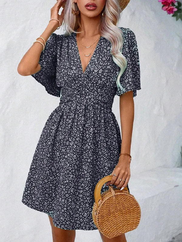 Blue Zone Planet |  Printed V-Neck Half Sleeve Mini Dress Comfortable Bodycon Mini Dress