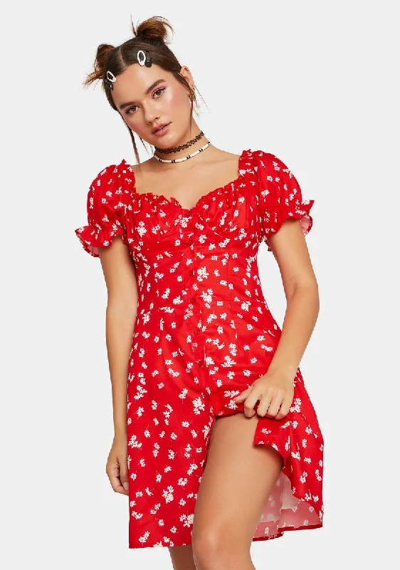 Cherry Simple Breeze Floral Mini Dress Cozy Ruched Mini Dress