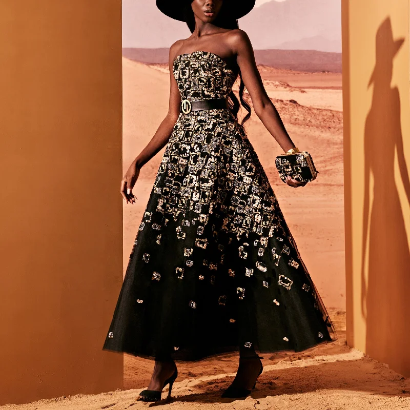 Gold Contrast Embellished Tulle Dress