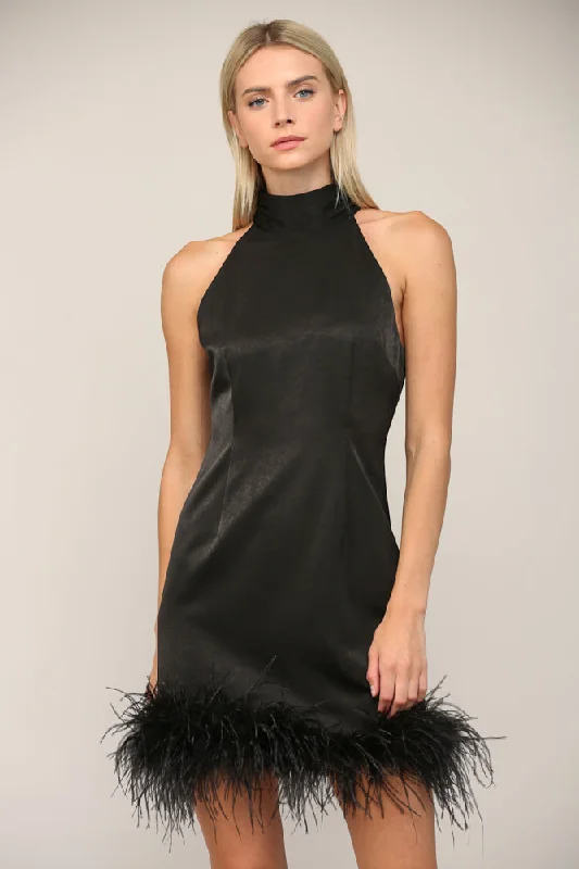 Halter Neck Feather Hem Dress