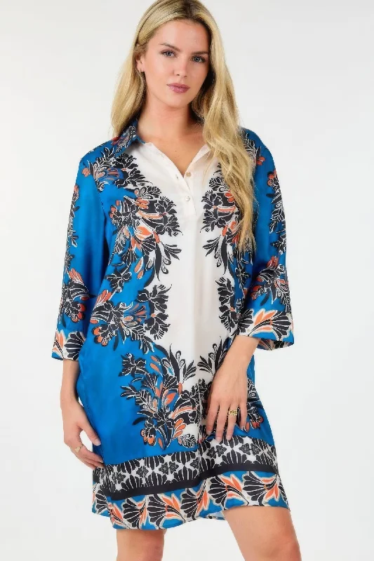 Blue Zone Planet | Helena's Boho Multi Colored Collar Neck 3/4 Sleeve Mini Dress Classic Solid Mini Dress Blue Zone Planet | Helena's Boho Multi Colored Collar Neck 3/4 Sleeve Mini Dress Classic Solid Mini Dress