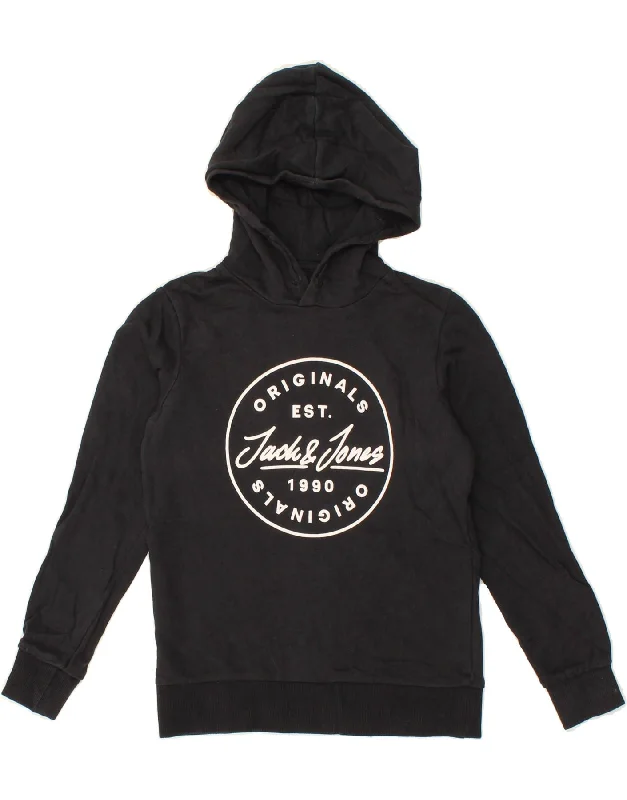 JACK & JONES Boys Graphic Hoodie Jumper 9-10 Years Black Cotton Graphic Hoodie Design Print