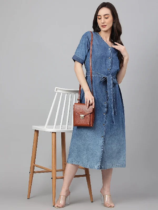 Blue Solid Denim Straight Dress with Belt