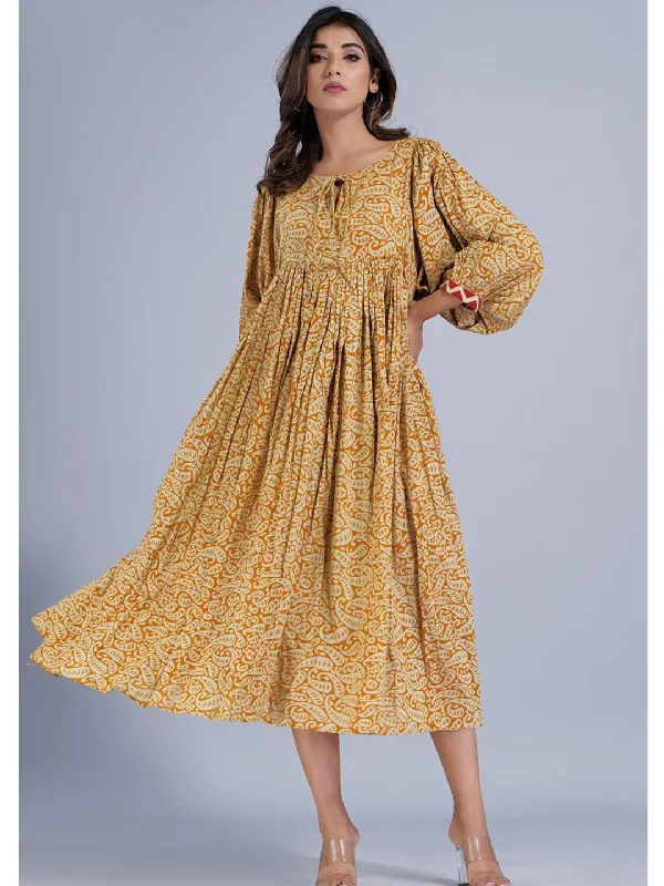 Mustard Cotton Loose Fit Gathered Dress