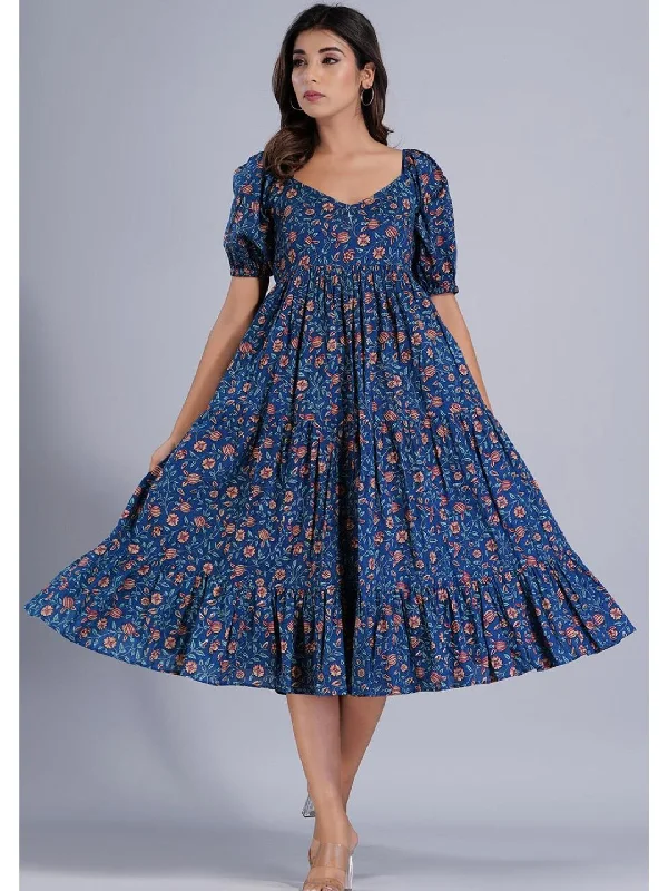 Navy Blue Printed Gather Dress with Deep Back