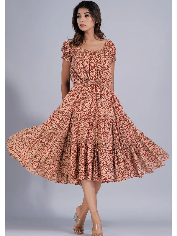 Red Two Tier Gathered Dress with Puff Sleeves