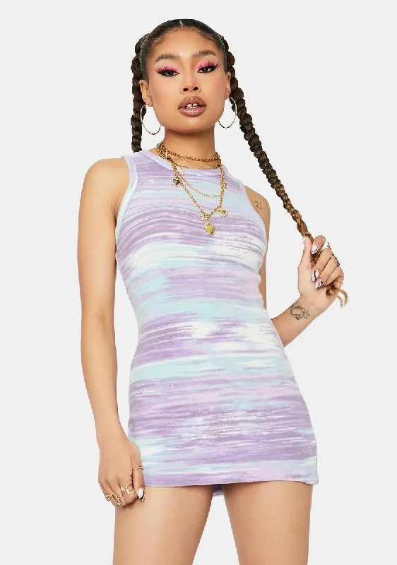 Lavender Broken Down Fuzzy Abstract Mini Dress Classic Floral Print Mini Dress