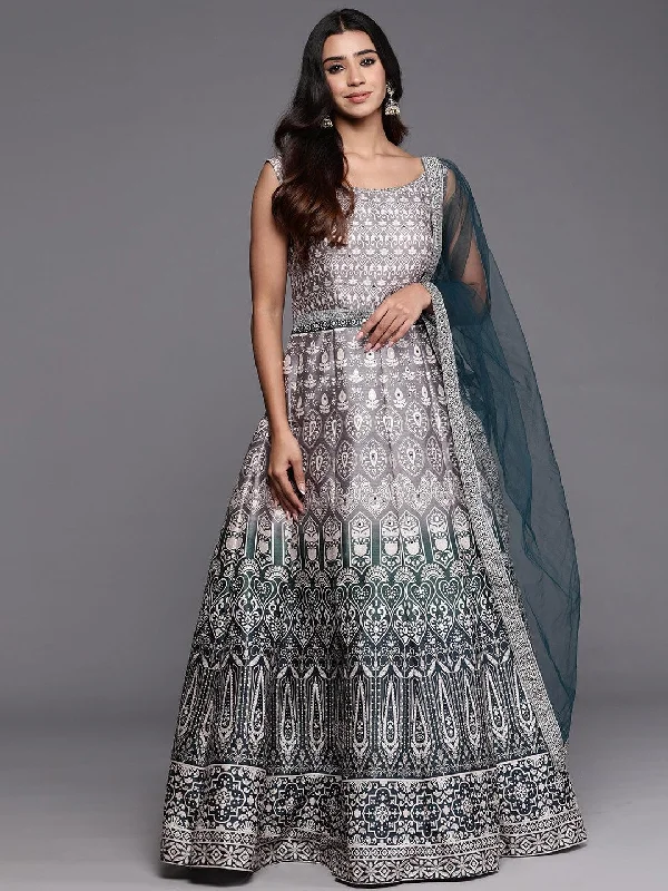 Libas Art Green Printed Silk Gown Dress With Dupatta