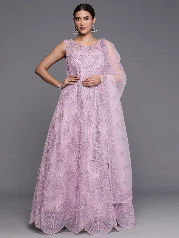 Libas Art Mauve Embellished Net Gown Dress With Dupatta