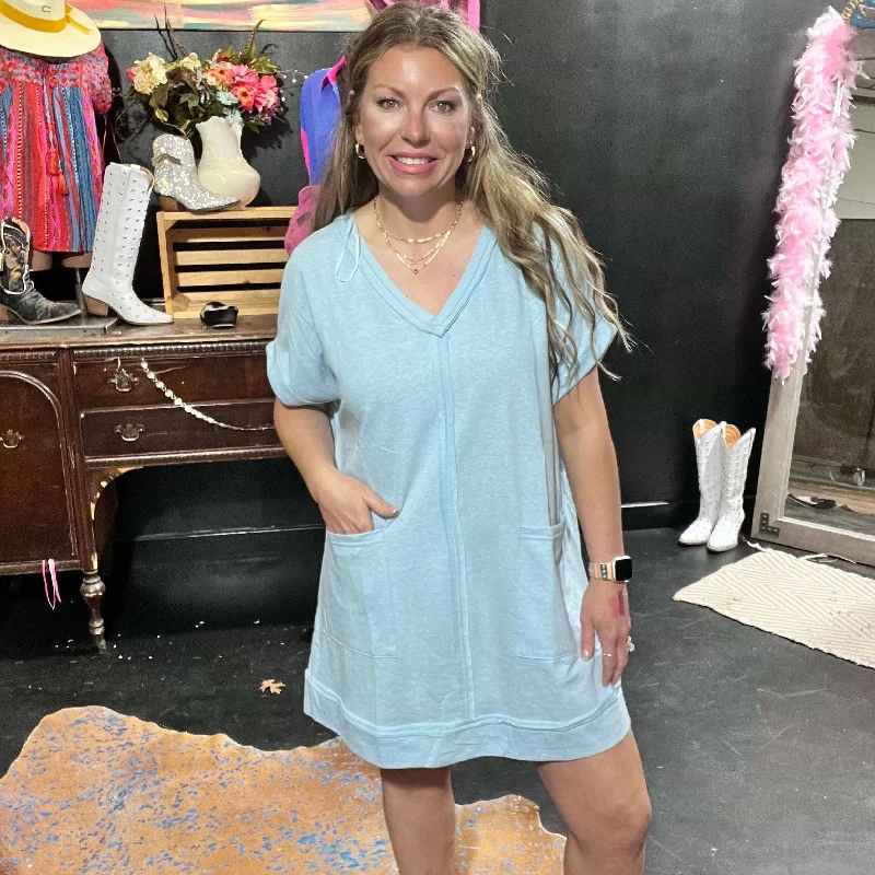 Light Blue Oversized Soft V Neck Dress