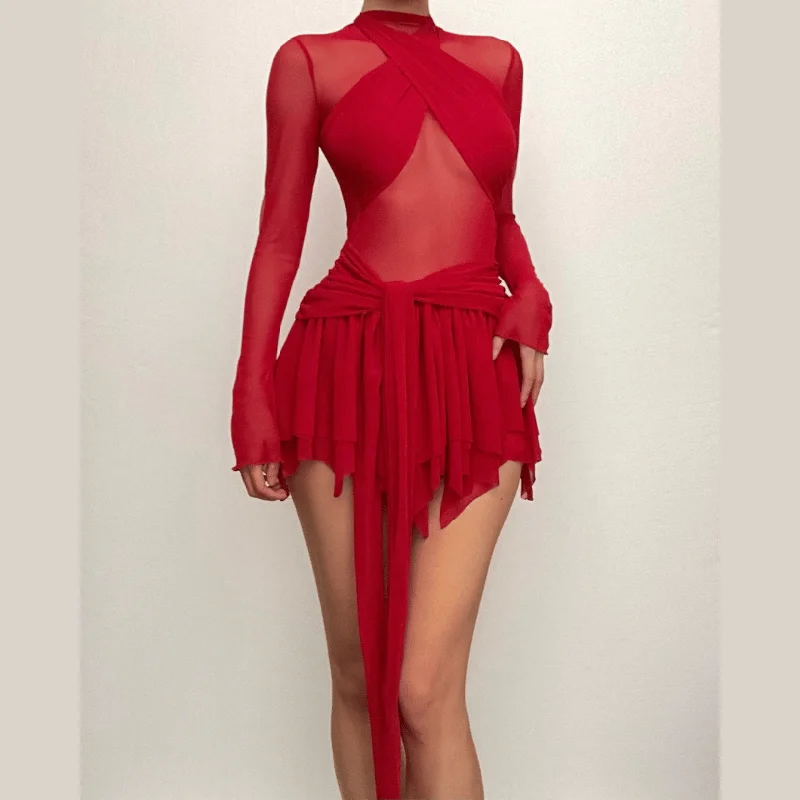 Long sleeve ruffle ruched cross front halter sheer mesh mini dress Comfortable Fit-and-Flare Mini Dress Long sleeve ruffle ruched cross front halter sheer mesh mini dress Comfortable Fit-and-Flare Mini Dress