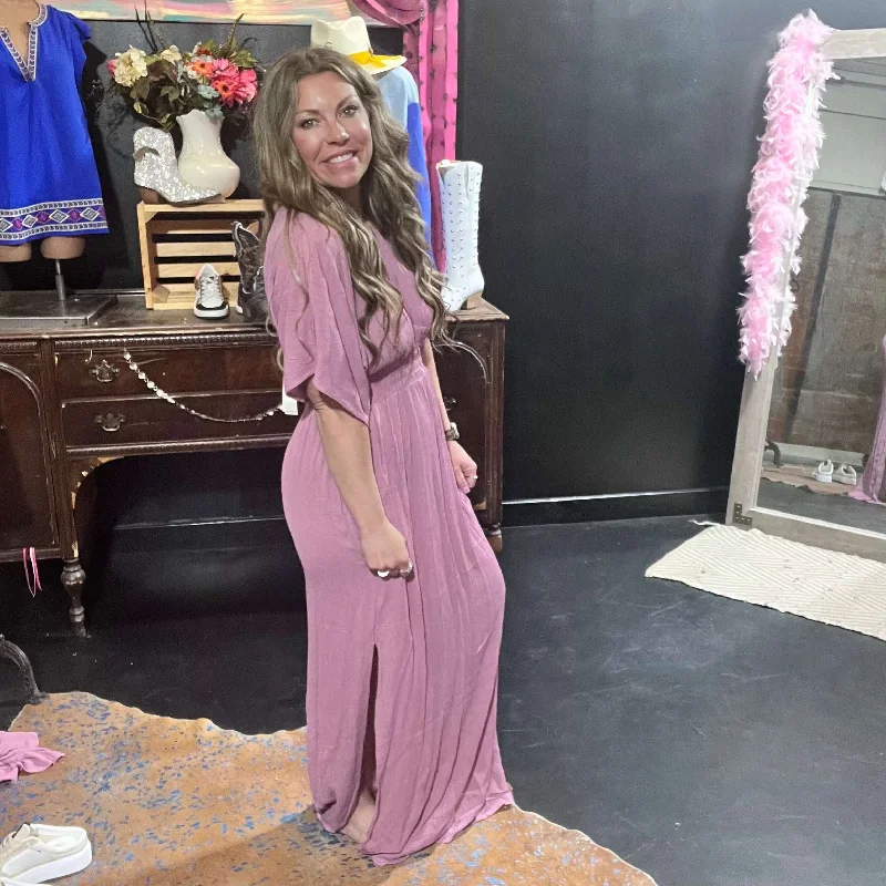 Mauve V Neck Double Slit Beach Dress