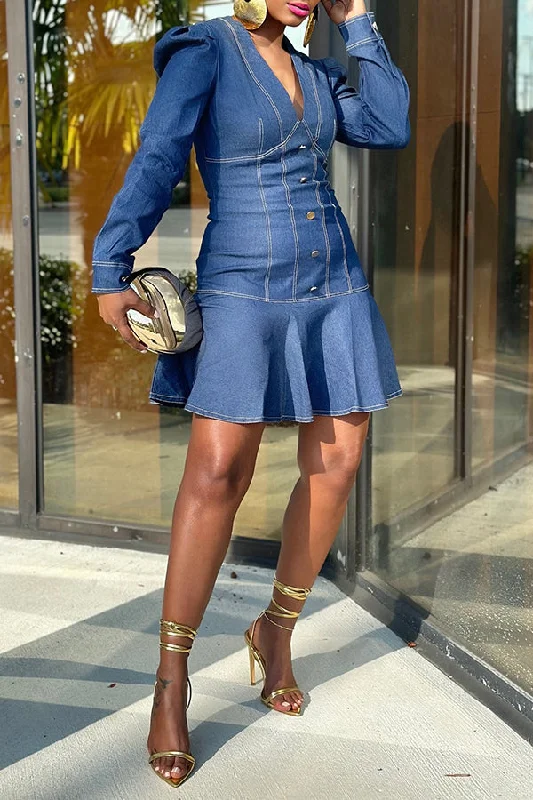 Deep V Neck Button Detail A-hem Dress