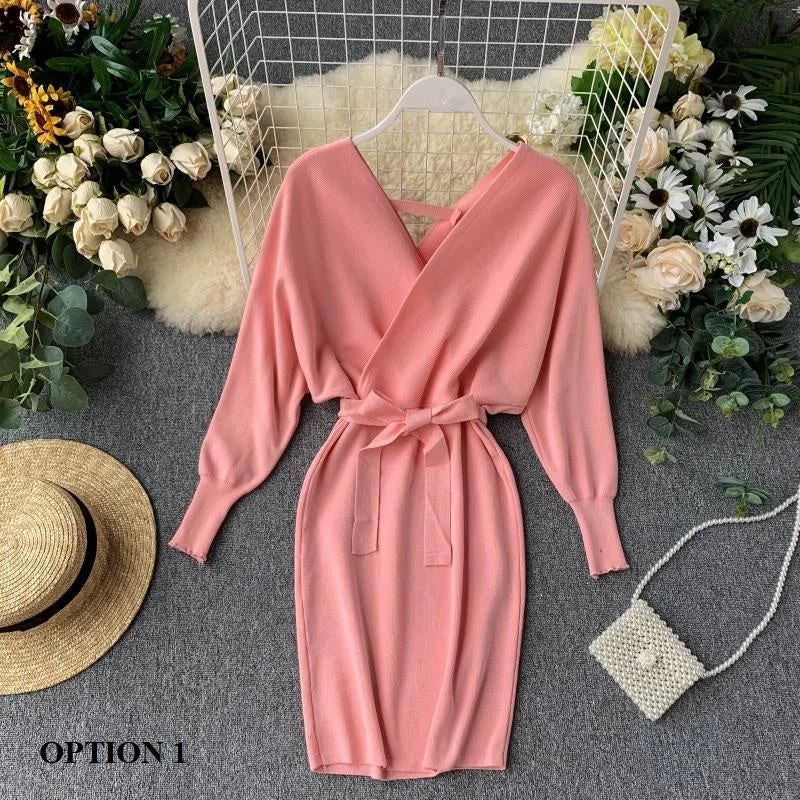 New Winter Collection  Elegant Outfit with Long Batwing Sleeves, V-Neck, Knit Sweater Dress CODE: KAR1223