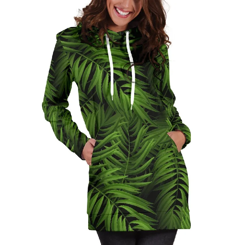 Night Tropical Palm Leaf Pattern Print Pullover Hoodie Dress Hoodie with Double Zipper Versatile Adjustable
