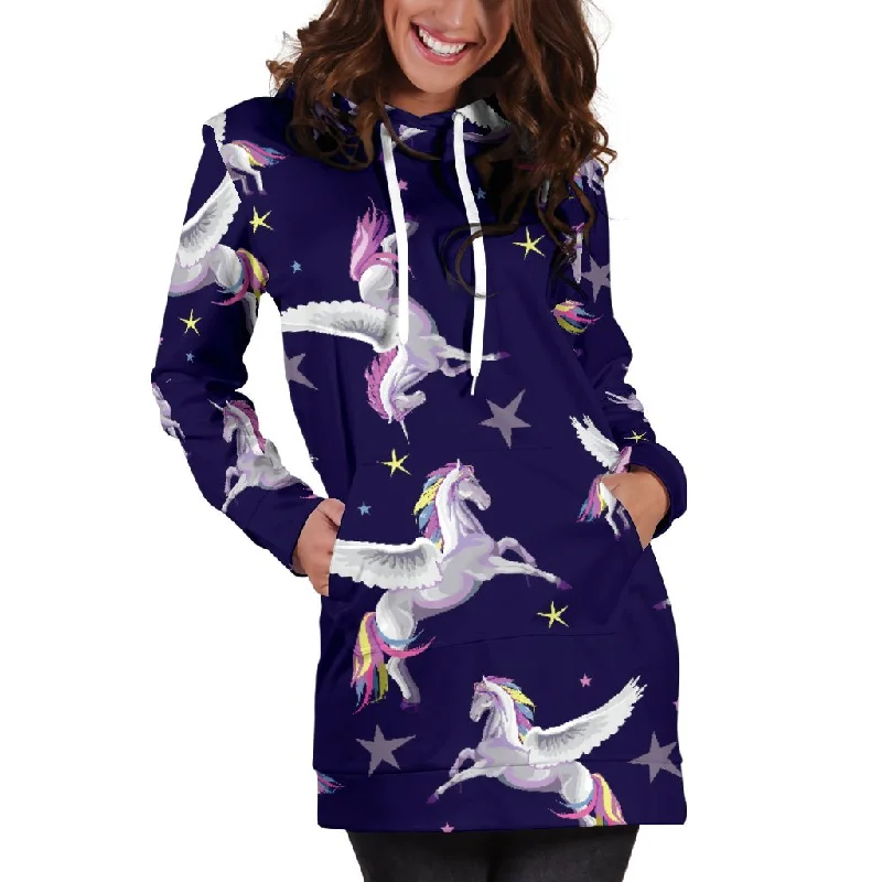 Night Winged Unicorn Pattern Print Pullover Hoodie Dress Hoodie with Patch Decorative Personalized