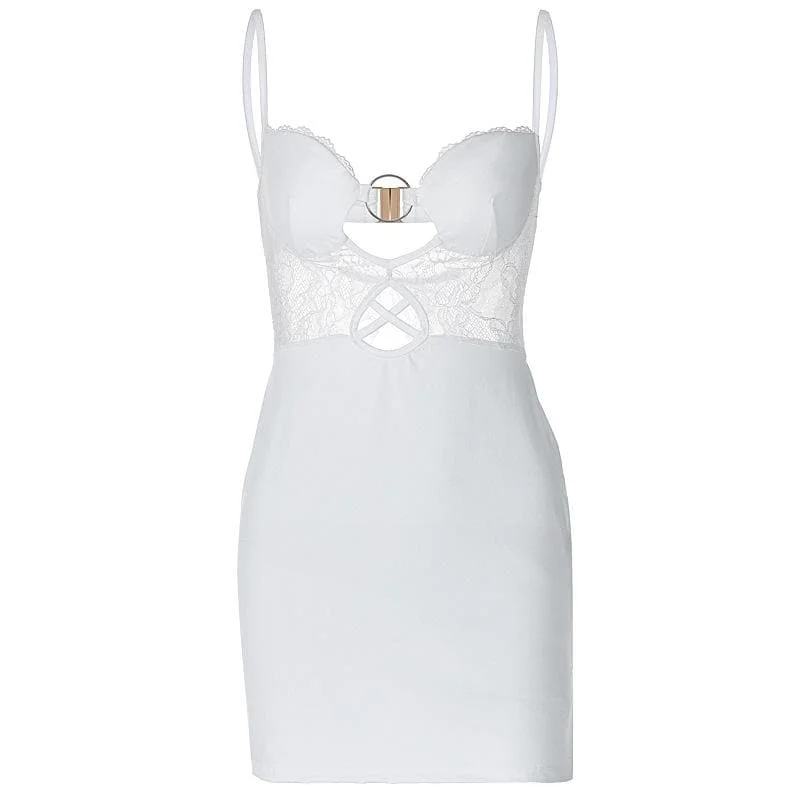 O ring lace ruched button backless cami mini dress Elegant Tulle Mini Dress