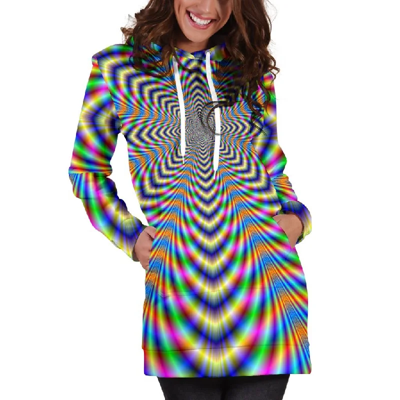 Octagonal Psychedelic Optical Illusion Pullover Hoodie Dress Hoodie with Hem Embroidery Detailed Premium