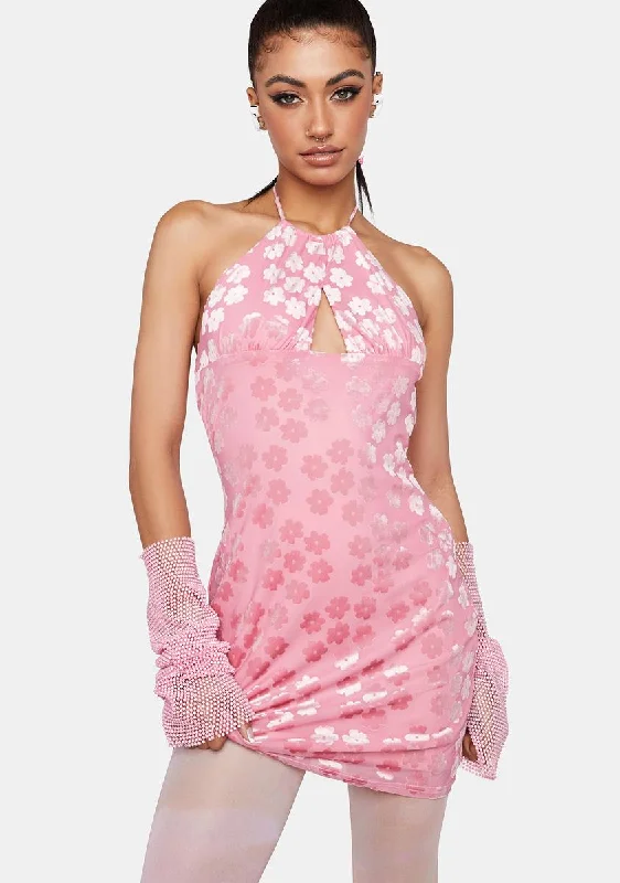 Pink Floral Halter Mini Dress Comfortable Shift Mini Dress