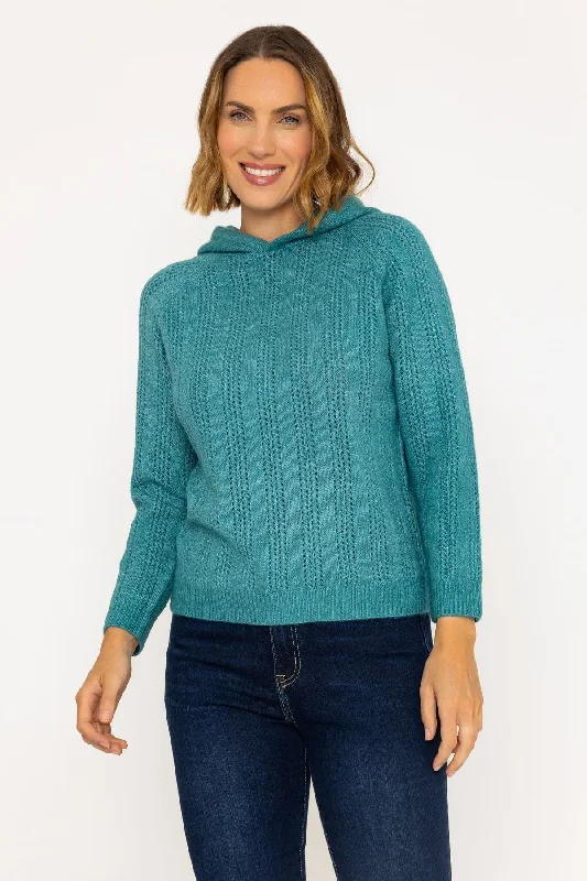 Pointelle Knit Hoody Jumper in Green Hoodie with Slim Fit Tailored Modern