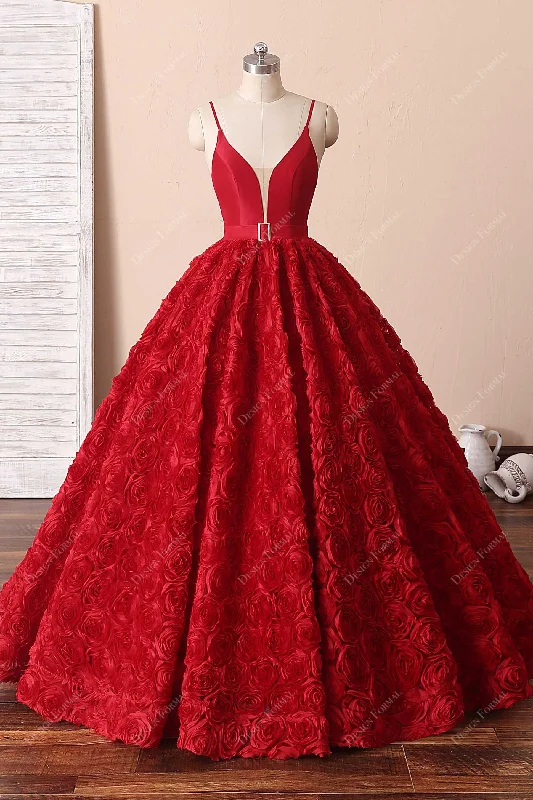 Red 3D Rose Plunging Neck Floor Length Ball Gown Formal Dress