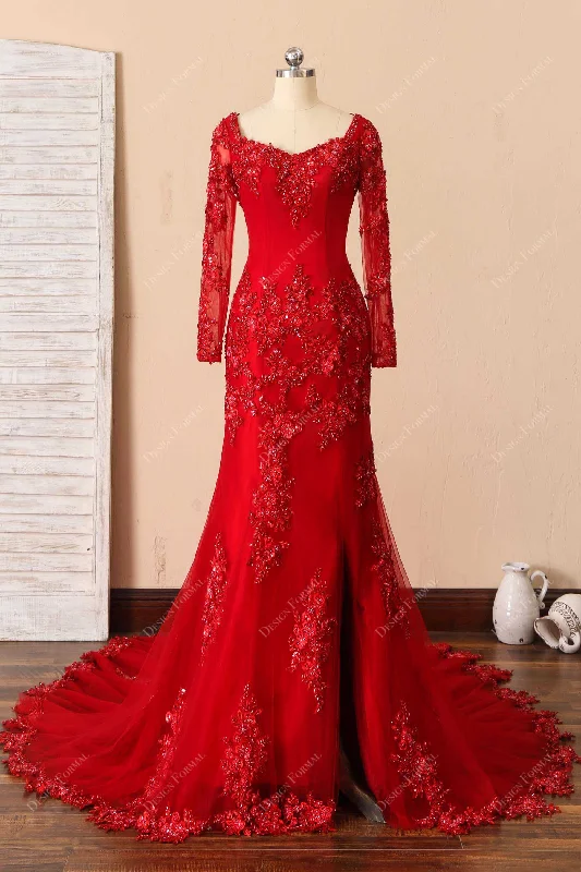 Red Beaded Lace Tulle Illusion Sleeve Mermaid Slit Formal Dress