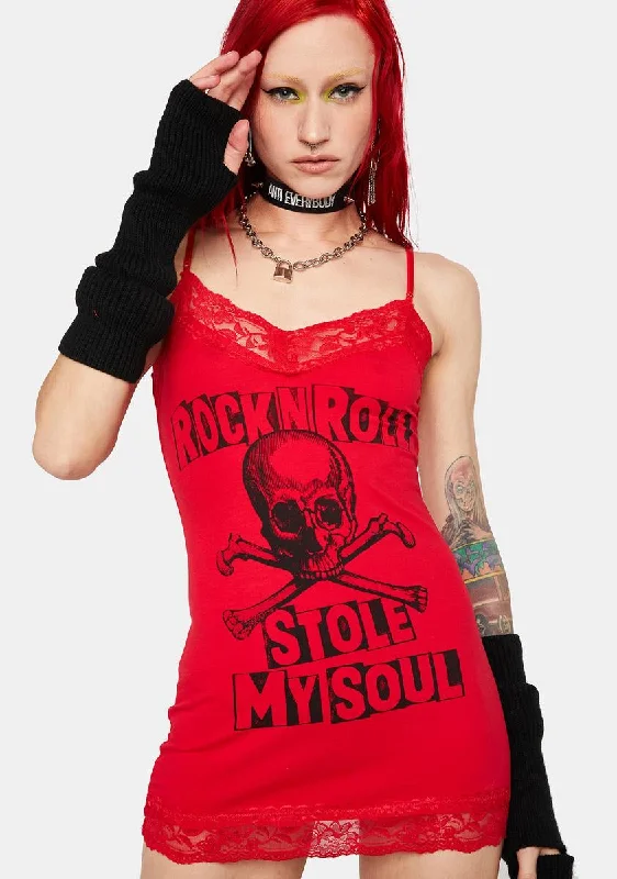 Red Rock N Roll Stole My Soul Cami Mini Dress Fashionable Lace-Trim Mini Dress