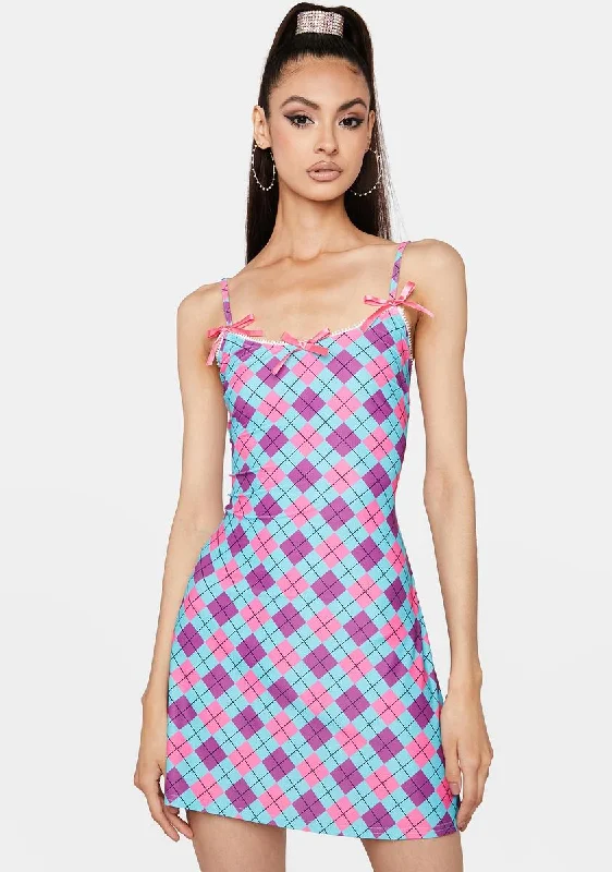 Rule The School Argyle Mini Dress Comfortable One-Shoulder Mini Dress